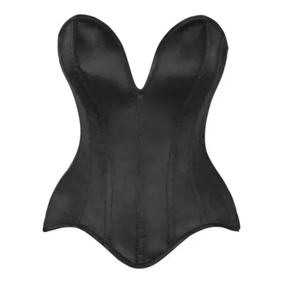 Steel Boned Black Satin Plunge Neckline Overbust Corset - Picture 1 of 3